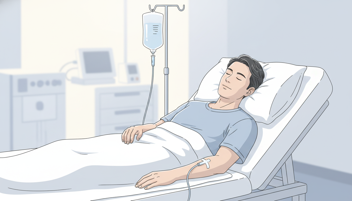 清潔感のある医療用リクライニングベッドで、点滴を受けながらリラックスして穏やかに眠っている男性患者のイラスト。周囲は淡いブルーとホワイトを基調とした落ち着いたトーン。痛みがなく快適な睡眠中に処置が終わ