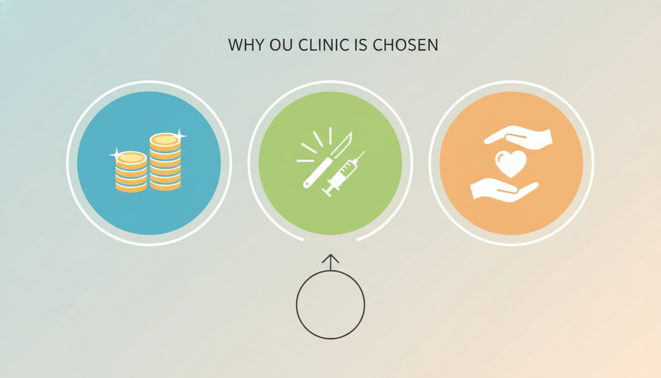 クリニックが選ばれる理由を説明するインフォグラフィック風のイラスト。「安さ（コインのアイコン）」「技術力（輝く医療器具のアイコン）」「サポート（手厚いケアを連想させるハートと手のアイコン）」の3つの要