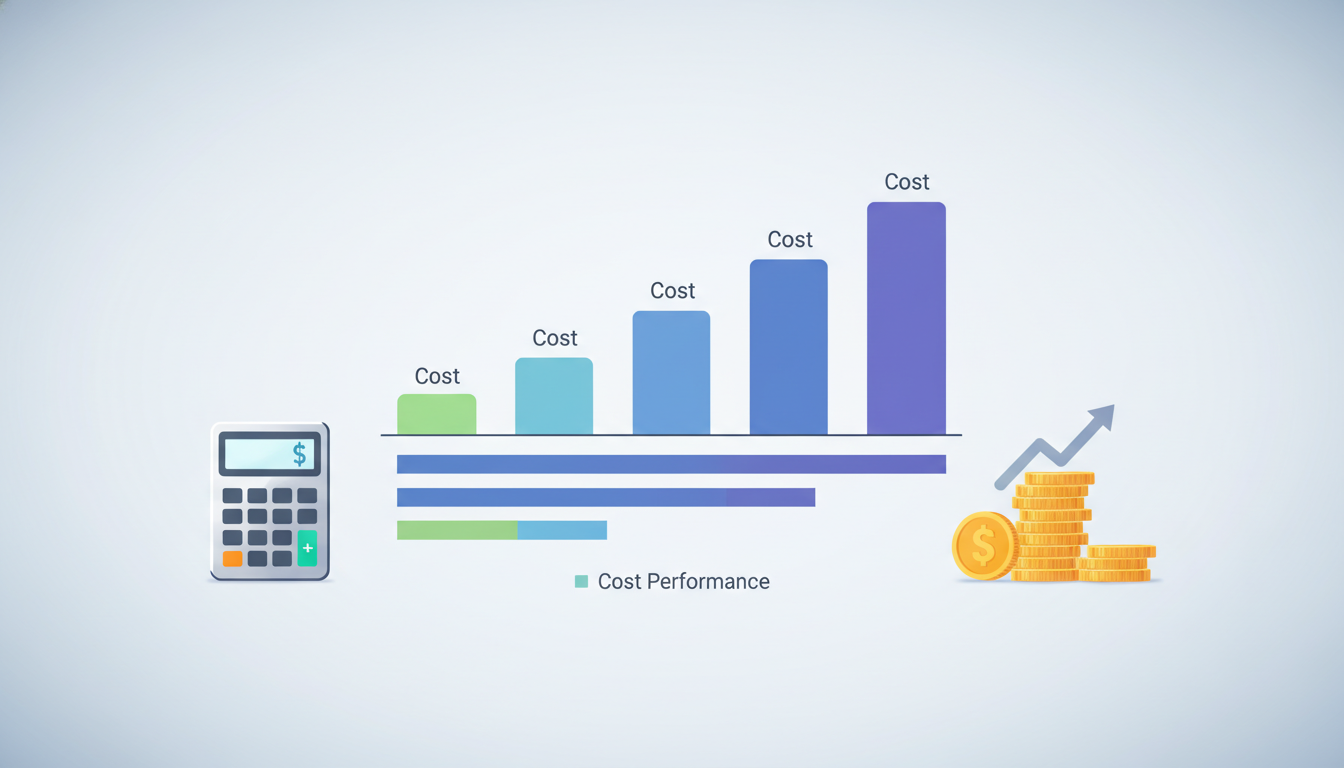 費用とコストパフォーマンスを比較するグラフのイラスト。複数の棒グラフが並んでおり、そのうちの1つが最も費用が抑えられていることが視覚的にわかるデザイン。グラフの横には電卓や積み上げられたコインのアイコ