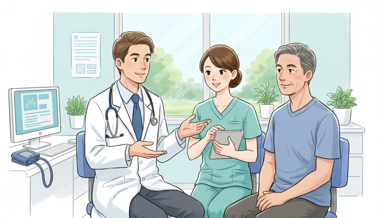 白衣を着た医師と看護師が、笑顔で男性患者に丁寧にカウンセリングを行っている様子を描いた温かみのあるイラスト。清潔感のあるクリニックの診察室が背景。患者は不安が解消され安心した表情を浮かべている。