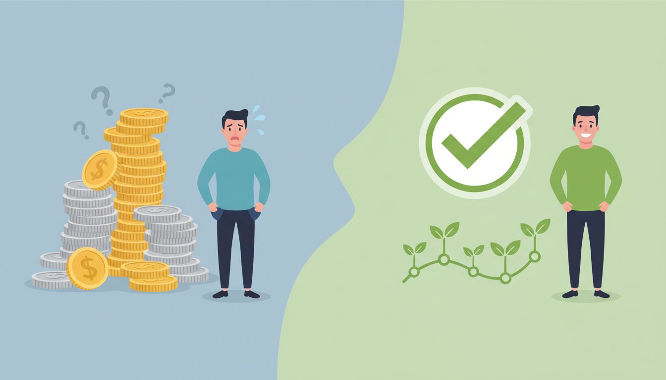 「一般的な料金」と「定額の植え放題プラン」を比較するインフォグラフィック風のイラスト。左側には積み上げられた大量のコインと困った表情の男性、右側には定額を示すチェックマークのアイコンと安心した笑顔の男