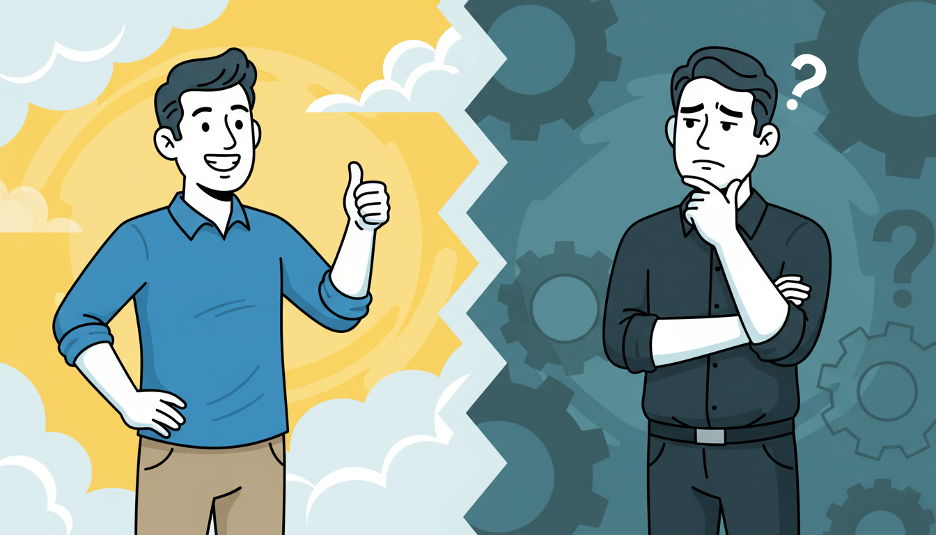 「おすすめする人」と「おすすめしない人」を対比させたイラスト。画面の左側には明るい背景色とともに親指を立てて笑顔の男性（おすすめ）、右側には落ち着いた背景色とともに腕を組んで考えている男性（おすすめし