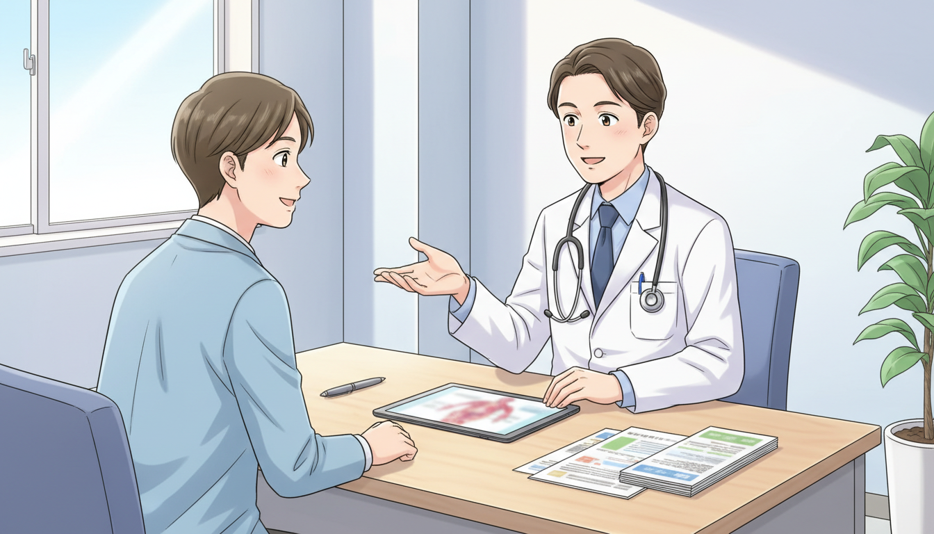 医師が患者に丁寧にカウンセリングを行っている様子を描いたイラスト。白衣を着た優しそうな医師と、リラックスした表情で話を聞く患者。机の上にはタブレットや説明用の資料が置かれている。清潔感のあるクリニック