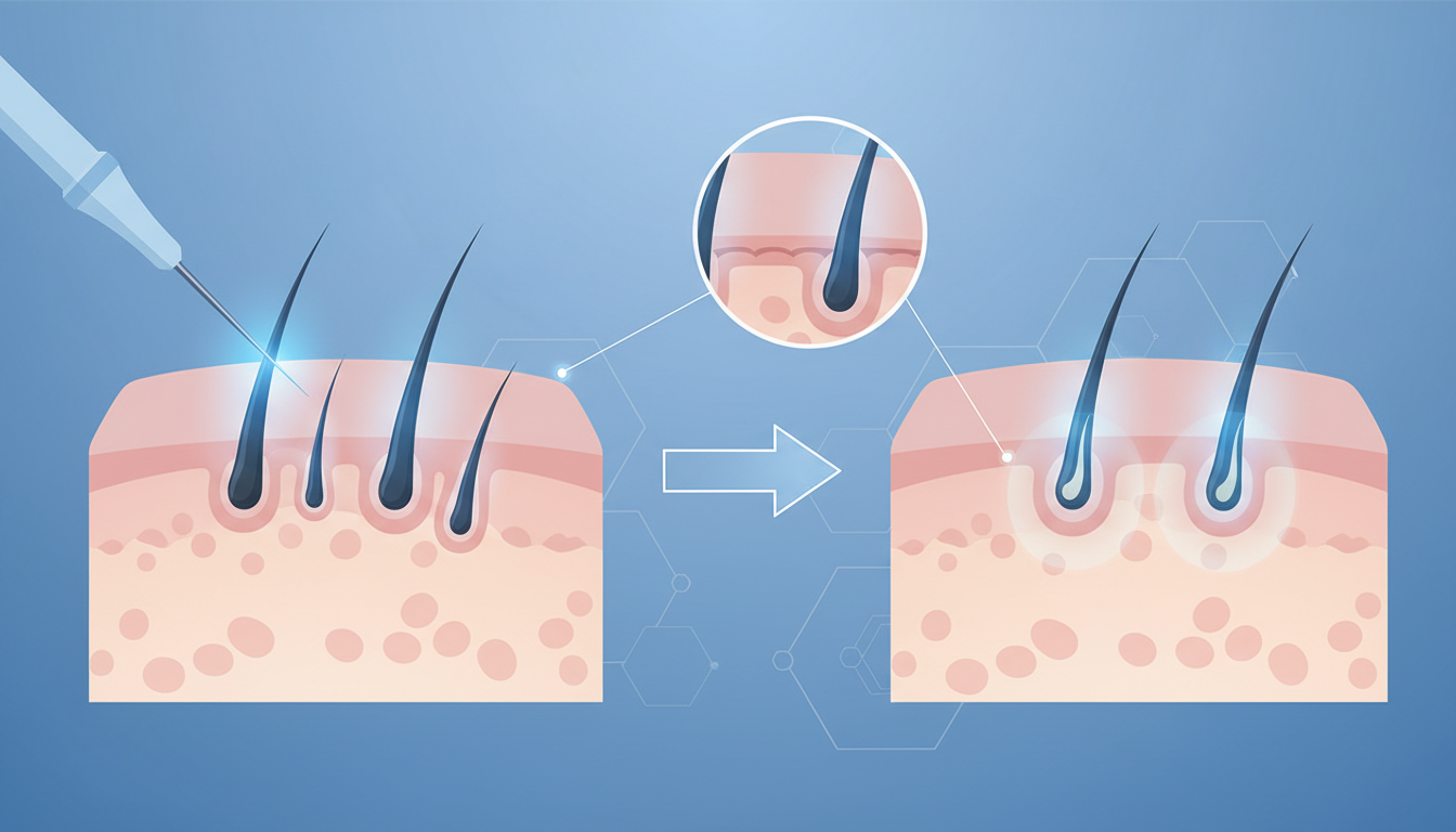 自毛植毛の高度な技術を表現した概念的な図解イラスト。健康な毛根を極細の医療用器具で傷つけずに優しく採取し、移植するプロセスを模式的に表したフロー。頭皮と毛根の断面図風のデザインで、高い生着率とダメージ