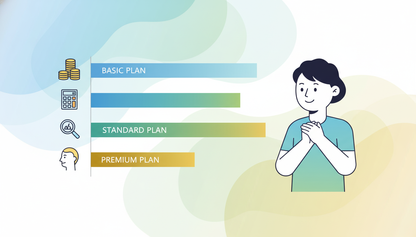 自毛植毛の費用やコストパフォーマンスを表現したインフォグラフィック風イラスト。複数の料金プランを比較する棒グラフや、コイン、電卓などのアイコンがシンプルに描かれている。グラフを見て納得した表情を浮かべ