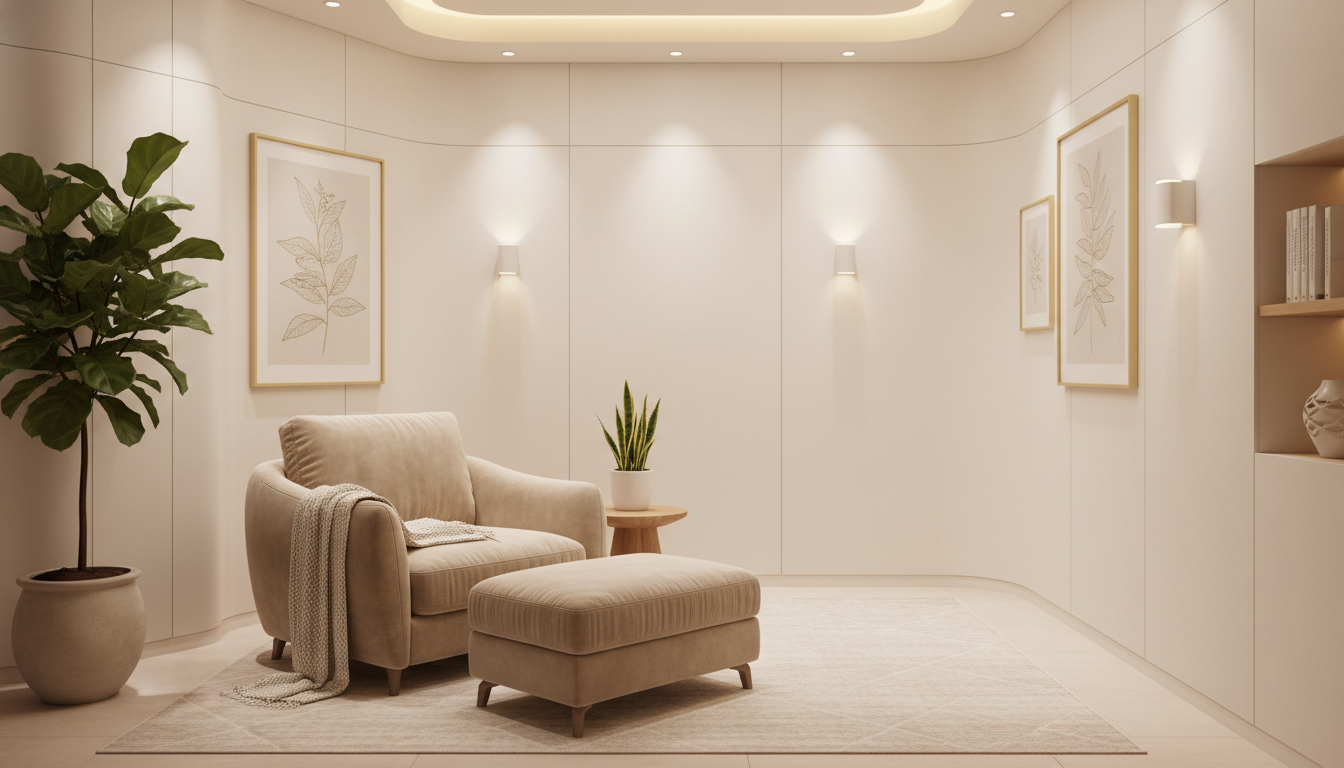 清潔感のある美容クリニックの完全個室の待合室を描いたイラスト。落ち着いた間接照明の下に、リラックスできるふかふかの1人掛けソファがあり、プライバシーが守られた上質な空間が表現されている。他の患者の姿は