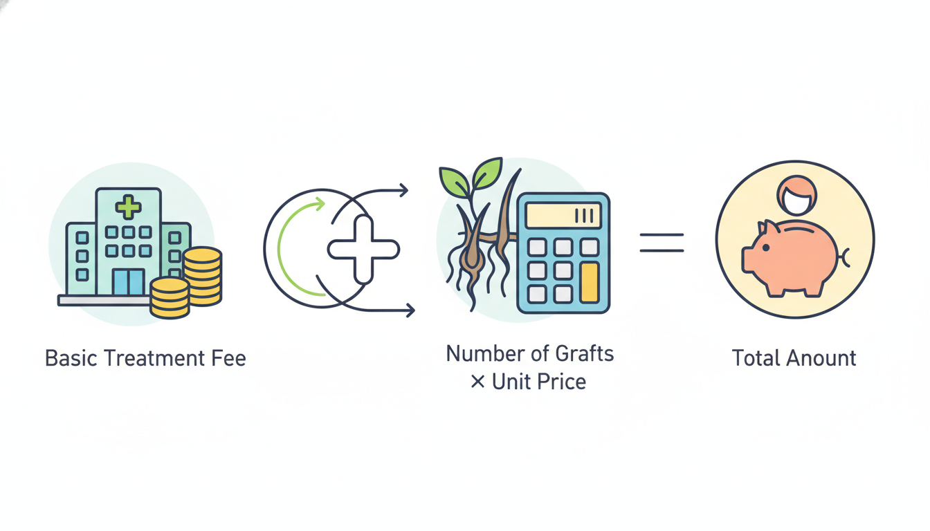 自毛植毛の料金の仕組みをわかりやすく図解したインフォグラフィックイラスト。左側に「基本治療費」を表す病院のアイコンとコイン、中央に「＋（プラス）」の記号、右側に「グラフト数（移植株）×単価」を表す毛根