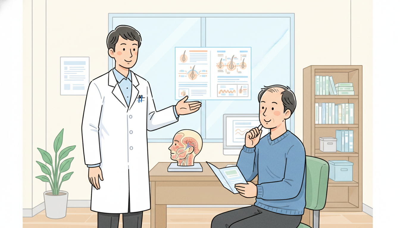 清潔感のあるクリニックの診察室で、白衣を着た優しそうな男性医師が、薄毛に悩む男性患者に対して資料や模型を使いながら丁寧に説明している様子を描いたイラスト。無理な勧誘がなく、患者が安心した表情で納得して