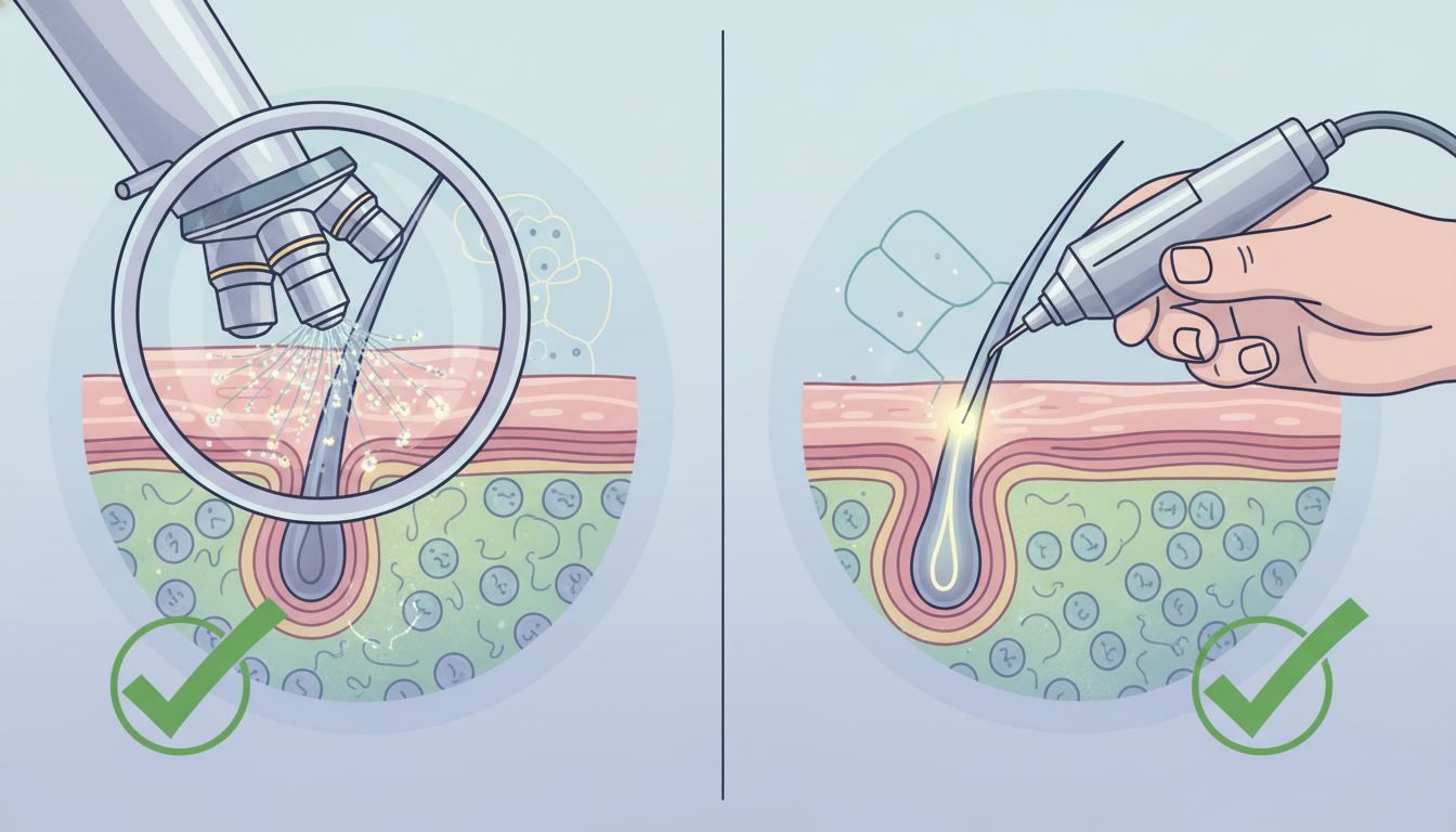2つの異なる頭皮の治療法を比較する概念的なイラスト。画面が左右に分割されており、一方は顕微鏡を使った精細な広範囲の治療をイメージした図、もう一方は器具を使ったピンポイントで精密な治療をイメージした図。
