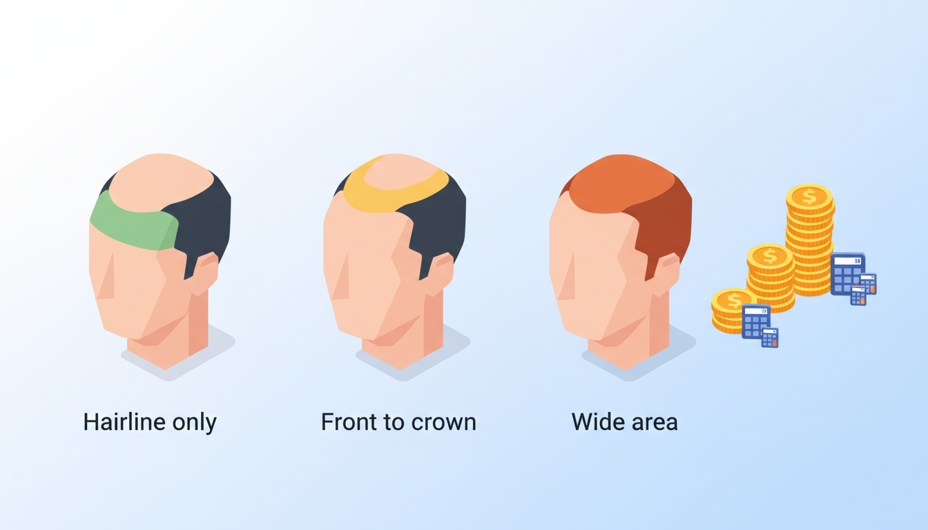 男性の頭部モデルのイラストが3つ並んでおり、それぞれ「生え際のみ」「前頭部から頭頂部」「広範囲」といった異なる治療範囲を色付けして示している。その横にコインの山や電卓のアイコンが配置され、治療範囲の広