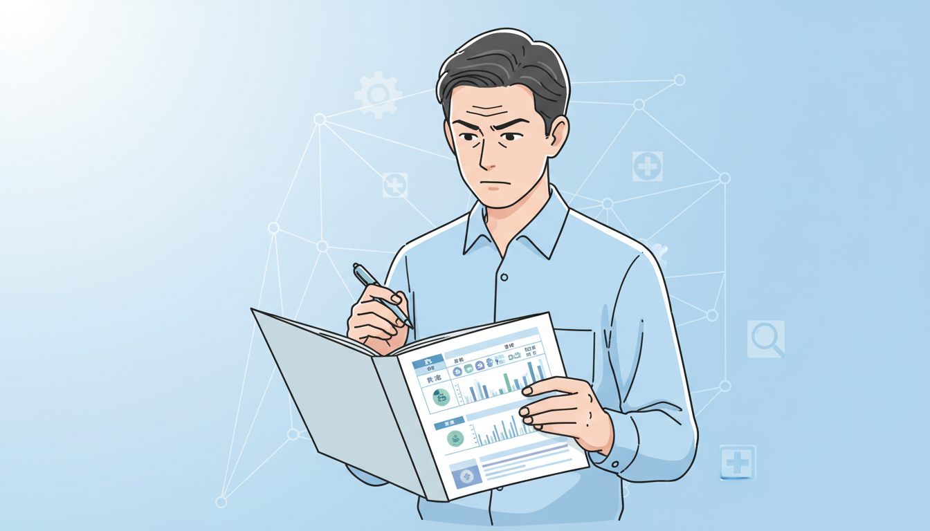 複数のクリニックの料金や特徴を比較している様子を表すイラスト。バインダーに挟まれた比較表を真剣な表情で見比べる男性。背景は清潔感のある淡いブルーを基調とし、複数の選択肢から賢くベストなものを選ぶ論理的