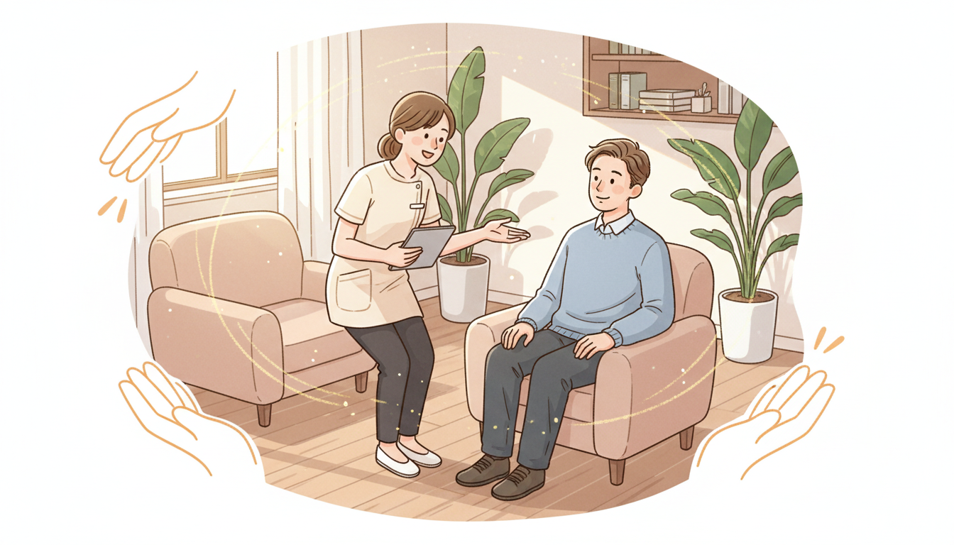 清潔感のあるカウンセリングルームで、笑顔で丁寧にアフターケアの説明をする女性スタッフと、安心した表情で話を聞く男性のイラスト。温かみのあるオレンジやイエローの光を取り入れ、患者に寄り添う手厚いサポート