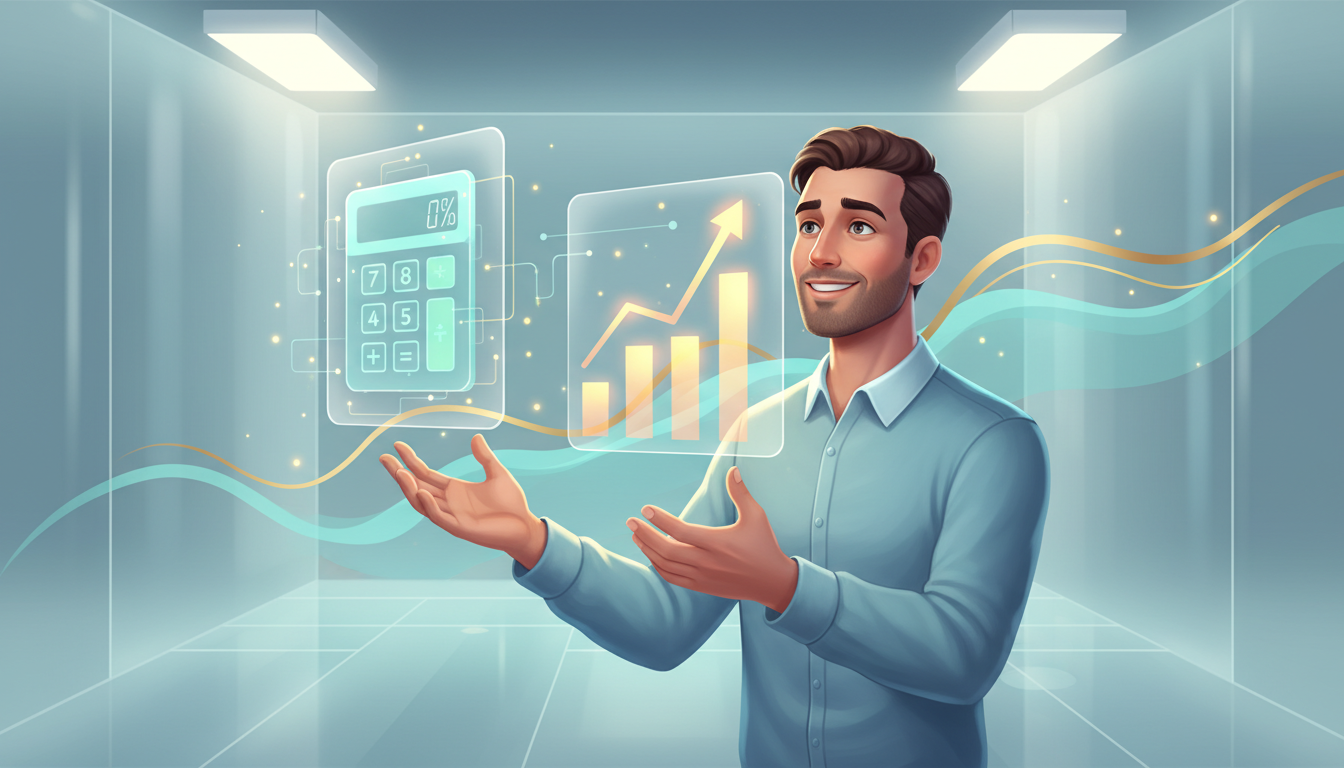 自毛植毛の料金シミュレーションをしている様子を概念的に表したイラスト。空中に浮かぶ電卓やグラフのホログラムを見ながら、納得したような明るい表情を浮かべる男性。透明感のあるクリーンな空間で、明確で分かり