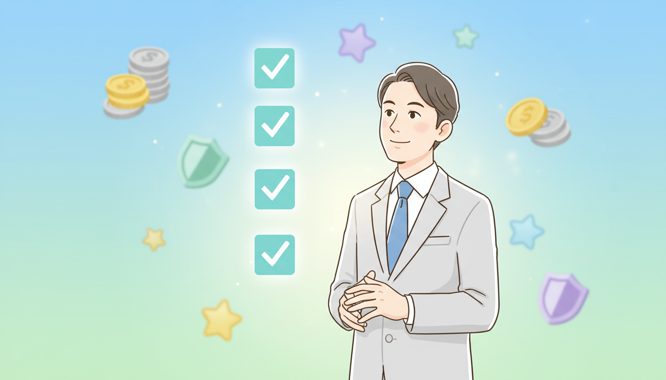 クリニック選びのポイントを表現したイラスト。清潔感のある服装の男性が、空中に浮かぶ4つのチェックボックス（チェックマークが入っている）を見て納得している様子。背景には「料金」「実績」「保証」などを連想