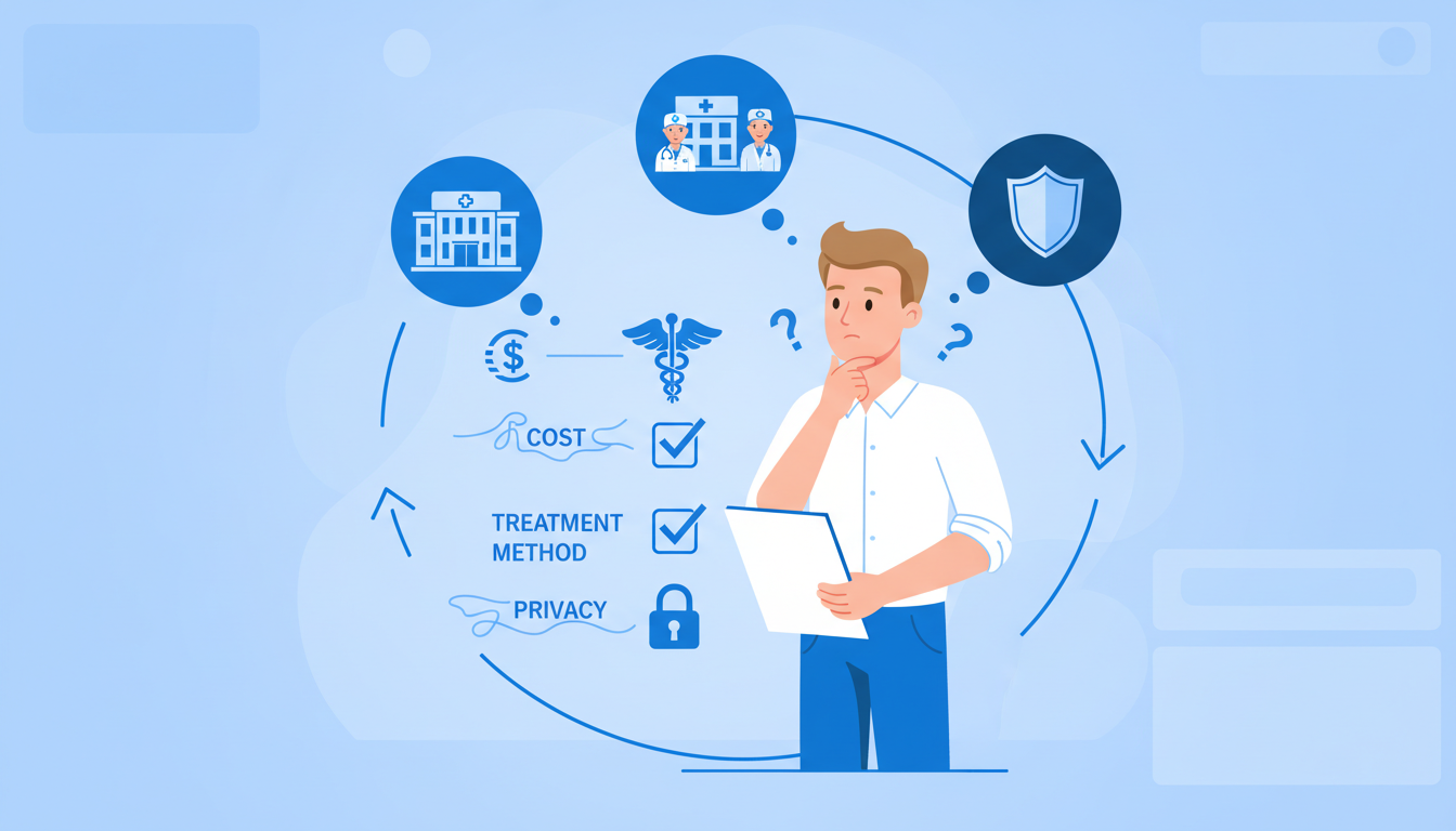 3つのチェックボックスが描かれたバインダーを持つ男性のイラスト。クリニック選びのポイント（料金、治療法、プライバシー）を比較検討して悩みを解決する様子。清潔感のある青色を基調とし、フラットデザインのイ