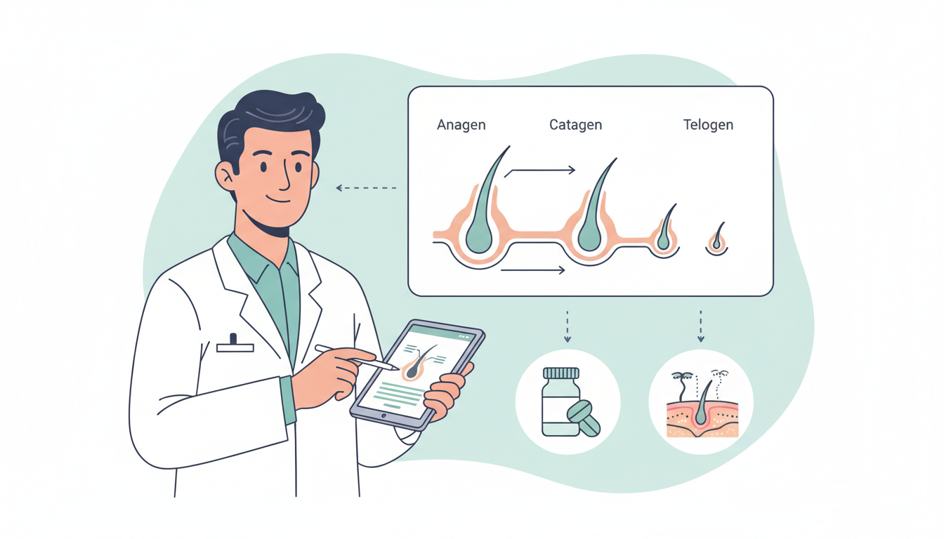 白衣を着た専門医が、タブレットを使ってAGAのメカニズムや治療法の種類（内服薬、自毛植毛など）について分かりやすく解説しているイラスト。背景には毛根の成長サイクルを示すシンプルな概念図が配置されている
