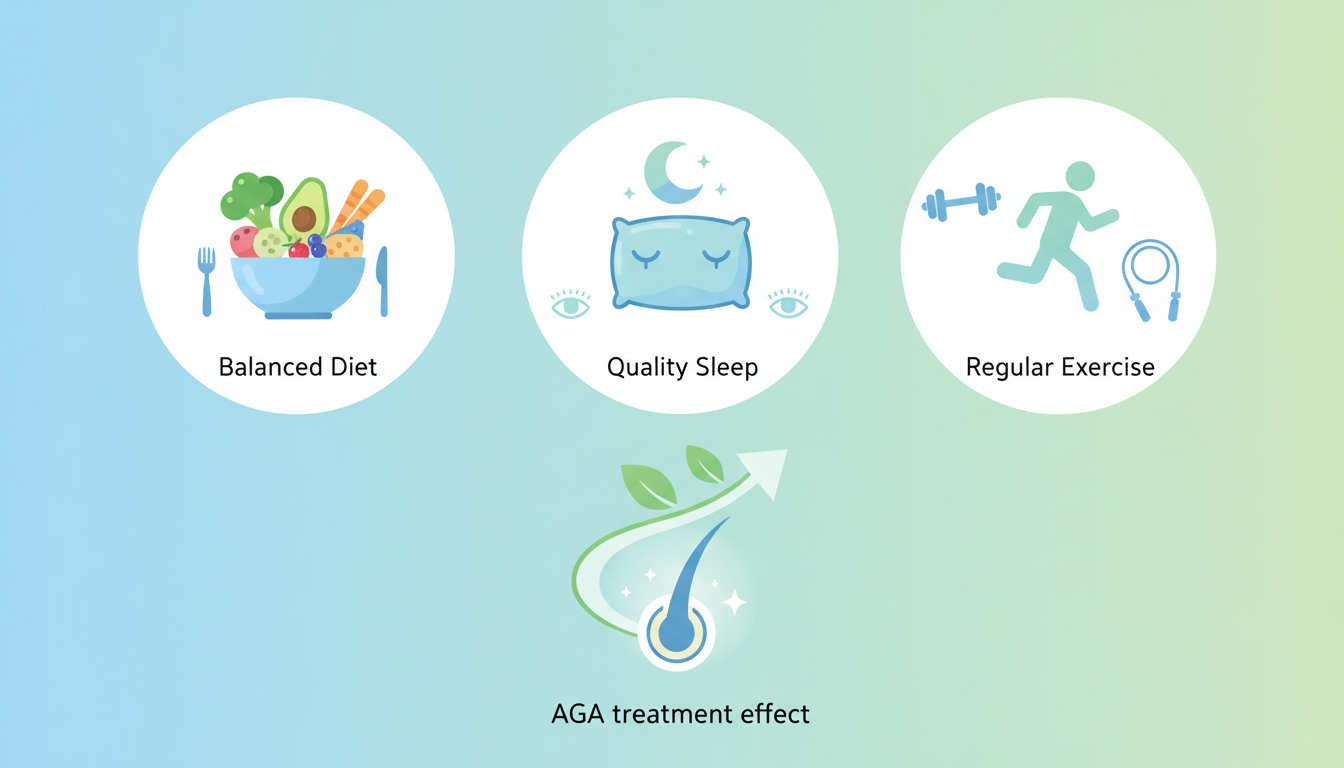 バランスの取れた食事（ヘルシーな料理）、質の高い睡眠（枕と月のアイコン）、適度な運動を象徴する3つの要素を分かりやすく配置した図解イラスト。AGA治療の効果を後押しする健康的なライフスタイルを表現。パ