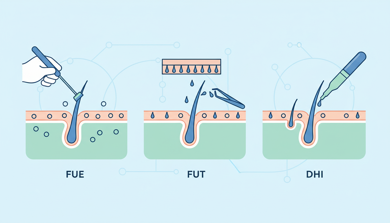 自毛植毛の3つの代表的な施術方法の違いを比較する概念的な図解イラスト。頭皮と毛根の断面図が3つ横に並んでおり、左から「極細のパンチで毛根をくり抜く様子」「帯状の頭皮から株分けする様子」「専用の針で毛穴