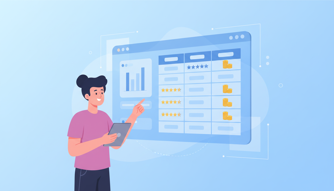 多数のクリニックの情報を比較・検討しているイメージのイラスト。空中に浮かぶ巨大な半透明のデジタルボードに、棒グラフや星の評価マーク、料金を示すコインのアイコンなどが整然と並んだ比較表が表示されている。