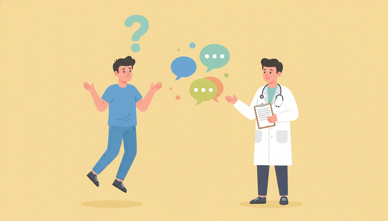 自毛植毛に関する疑問や不安を解決するイメージのイラスト。左側には頭の上に大きなクエスチョンマークを浮かべて質問をしているカジュアルな服装の男性。右側には、バインダーを手にして優しい笑顔で丁寧に説明をし