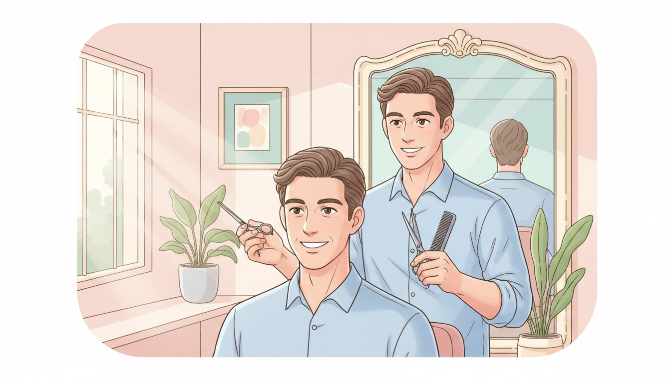 美容院で鏡を見ながら満足そうに微笑む男性と、その後ろで髪の毛の自然な仕上がりに感心している男性美容師のイラスト。髪の毛の悩みが解消されて自信を取り戻したポジティブな感情を表現。温かみのあるパステルカラ