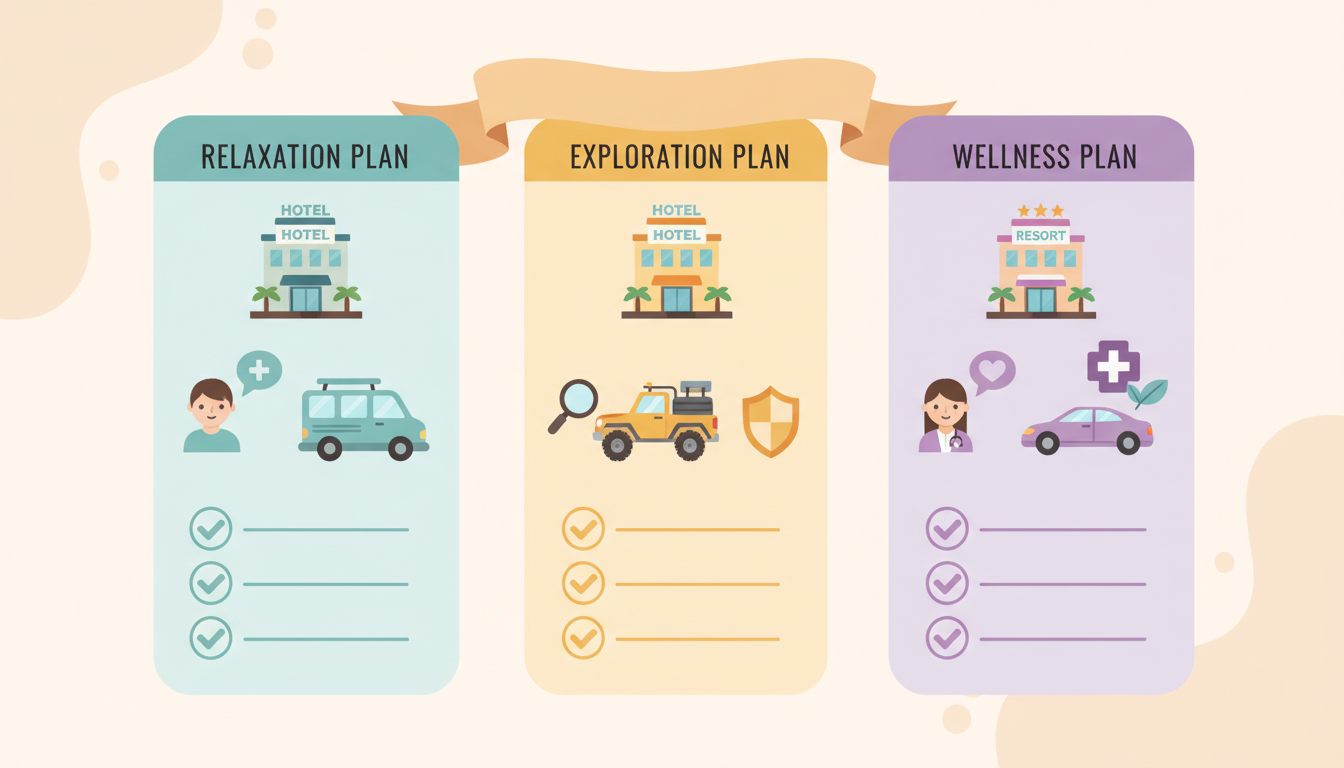 3つのプランを比較するインフォグラフィック風のイラスト。ホテル、送迎車、通訳を意味する人物、医療アイコンなどが可愛らしいアイコンとして描かれ、パッケージに含まれる充実したサポート内容が視覚的にわかりや