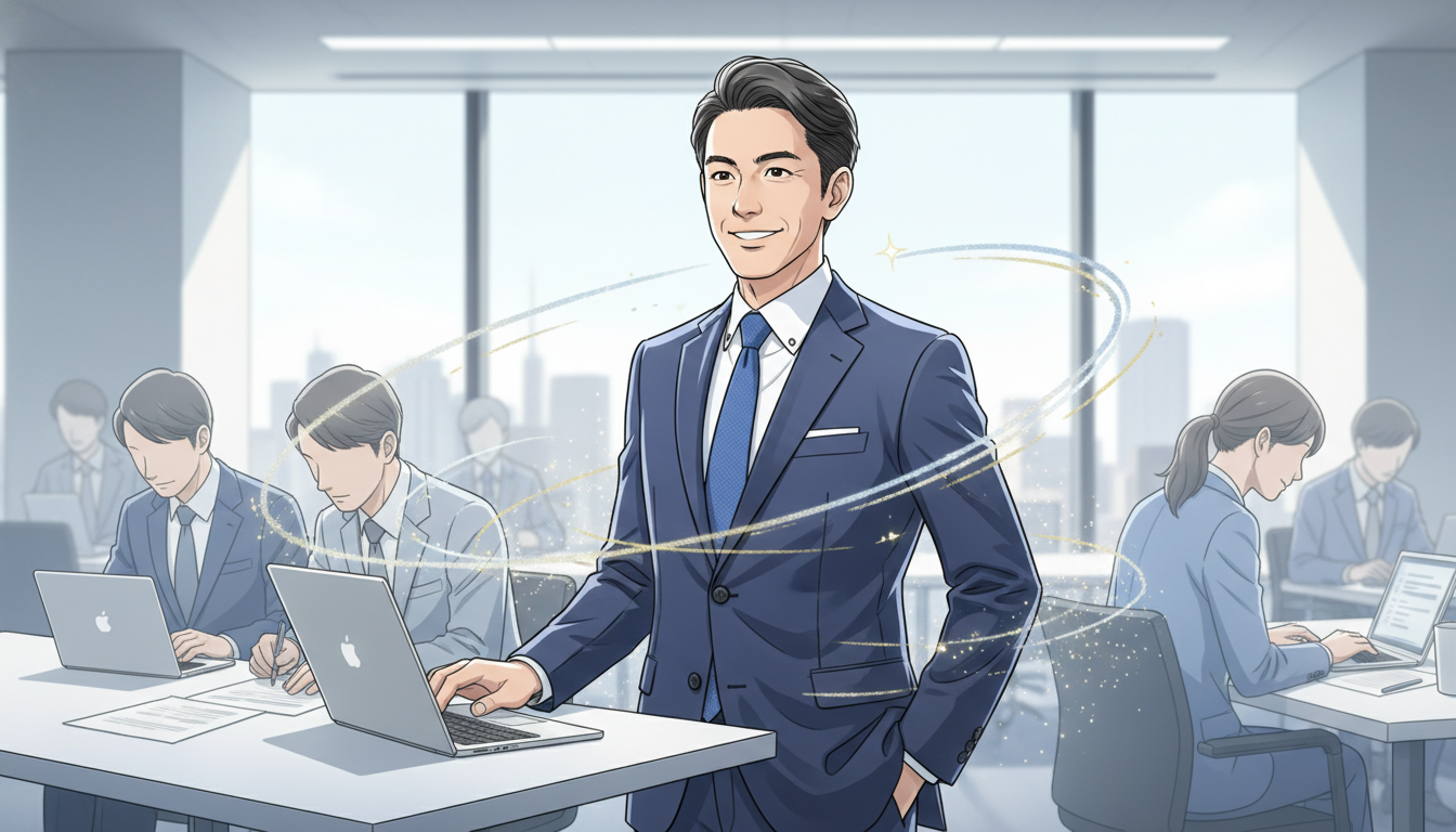 周囲の人に全く気づかれずに日常生活を送っている男性の概念的なイラスト。スーツを着た男性が自信を持ってオフィスで笑顔で働いている様子。清潔感のある自然なヘアスタイルで、背景には「秘密」「自然な仕上がり」