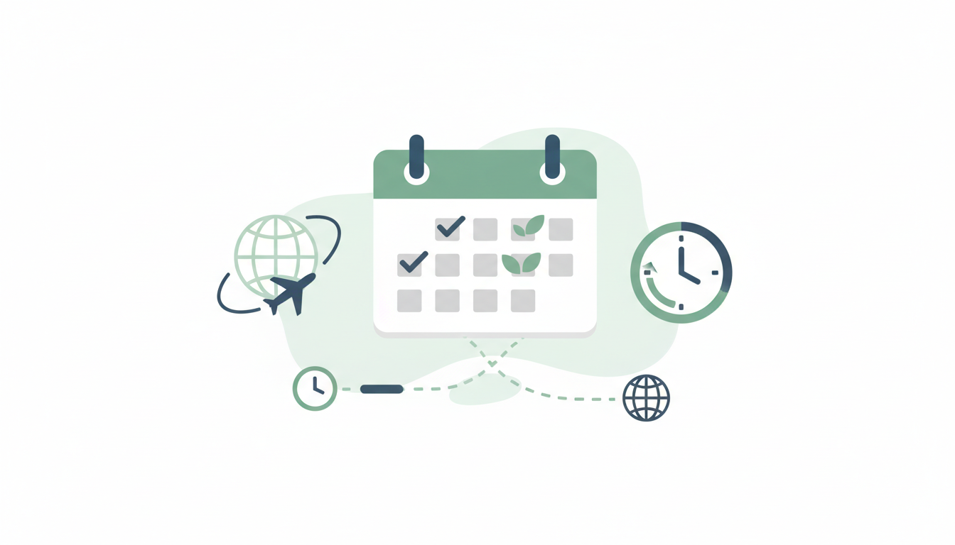 長距離フライトや休暇の必要性を表すアイコン図解イラスト。カレンダーに数日間の休暇を示すマークが付けられ、その横には地球儀と飛行機、時計のアイコンが配置されている。時間と距離のハードルがあることを読者に