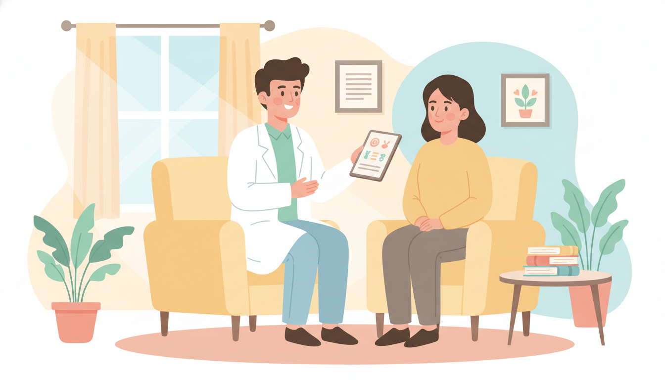 清潔感のある明るいカウンセリングルームで、白衣を着た優しい笑顔の医師が患者に丁寧に説明している様子を描いたベクターイラスト。温かみのあるパステルカラーを基調とし、安心感と信頼感が伝わる構図。実写や写真