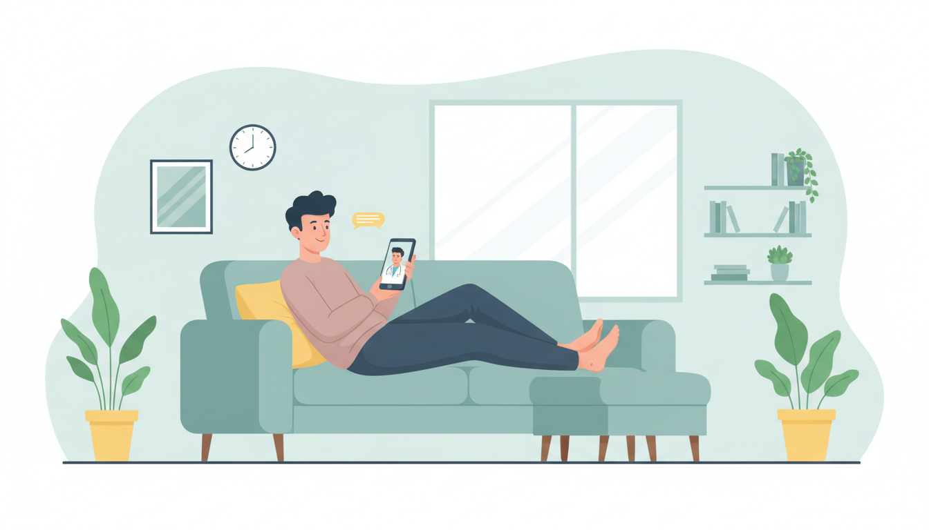 自宅のリビングでリラックスしながらスマートフォンで医師のオンライン診療を受けている人のイラスト。スマートフォンの画面には白衣を着た医師が映っている。背景は明るく整頓された室内。利便性と手軽さを表現した