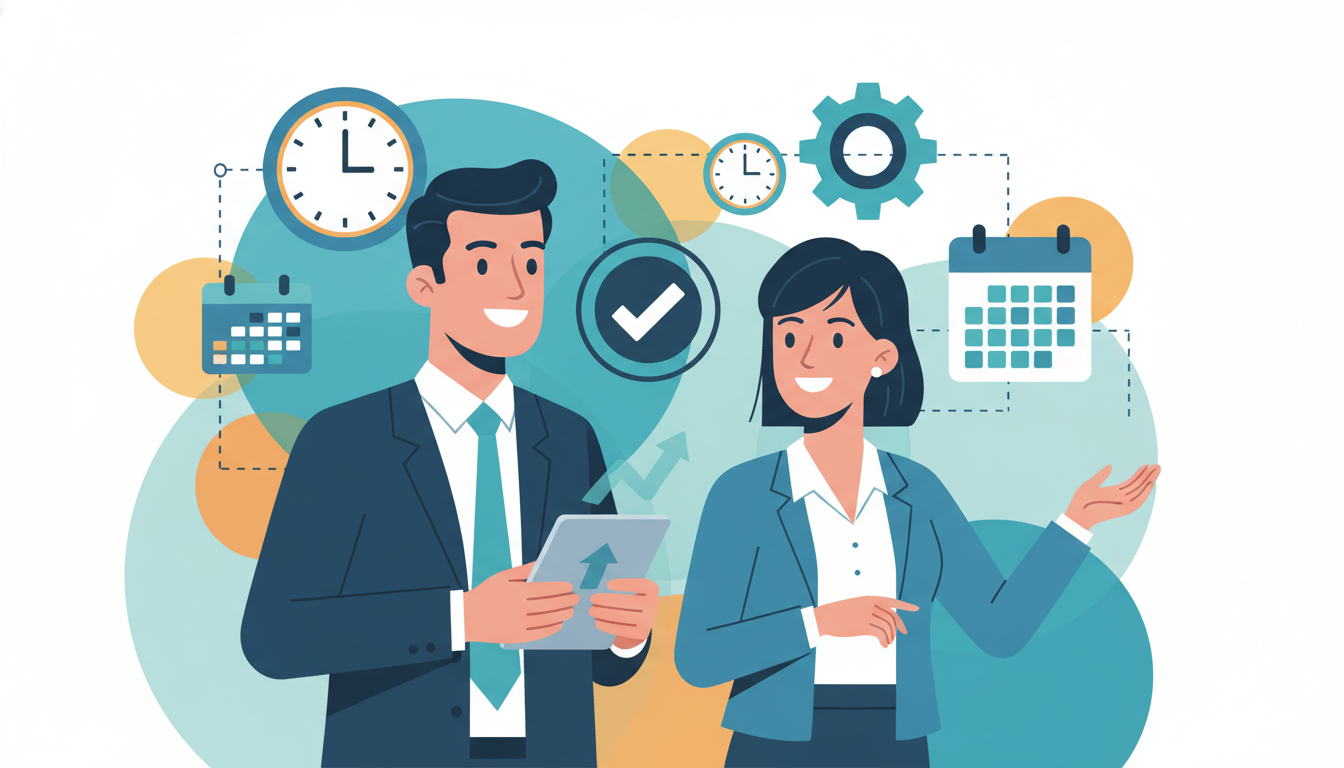 忙しいビジネスパーソンをターゲットにしたインフォグラフィック風のイラスト。スーツを着た男性やオフィスカジュアルの女性が、時間を有効活用して笑顔で充実した表情をしている様子。背景には「時計」「チェックマ