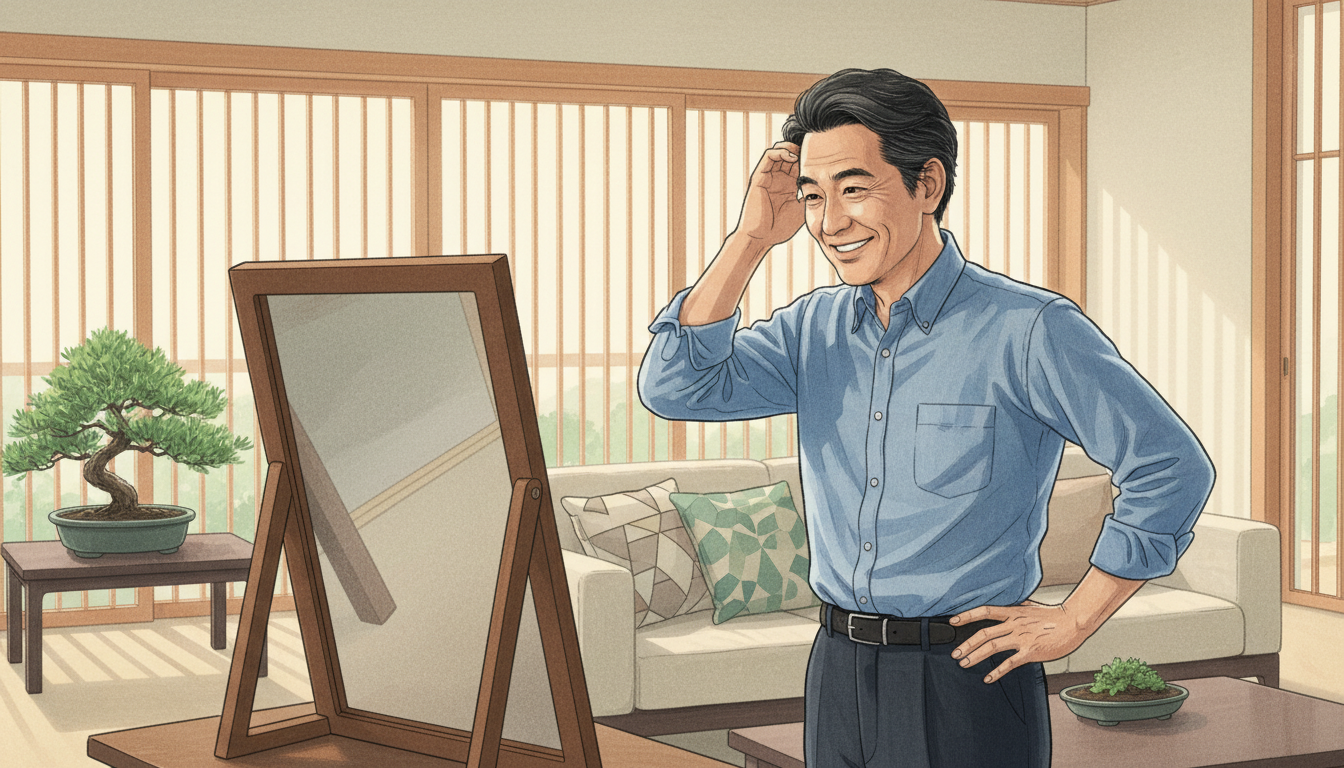 A middle-aged Japanese man looking into a mirror and smiling with satisfaction, touching his natural