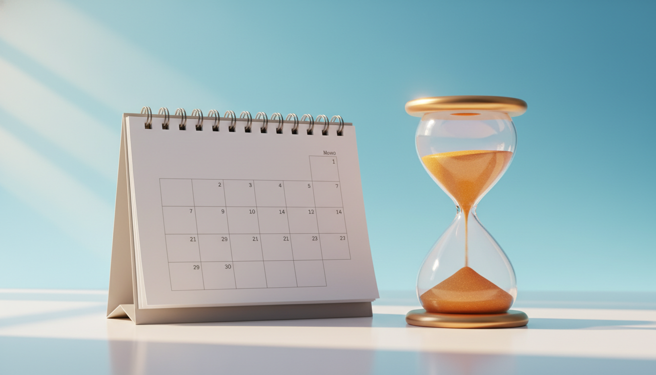 A conceptual illustration representing patience and the passage of time. A stylish desk calendar wit