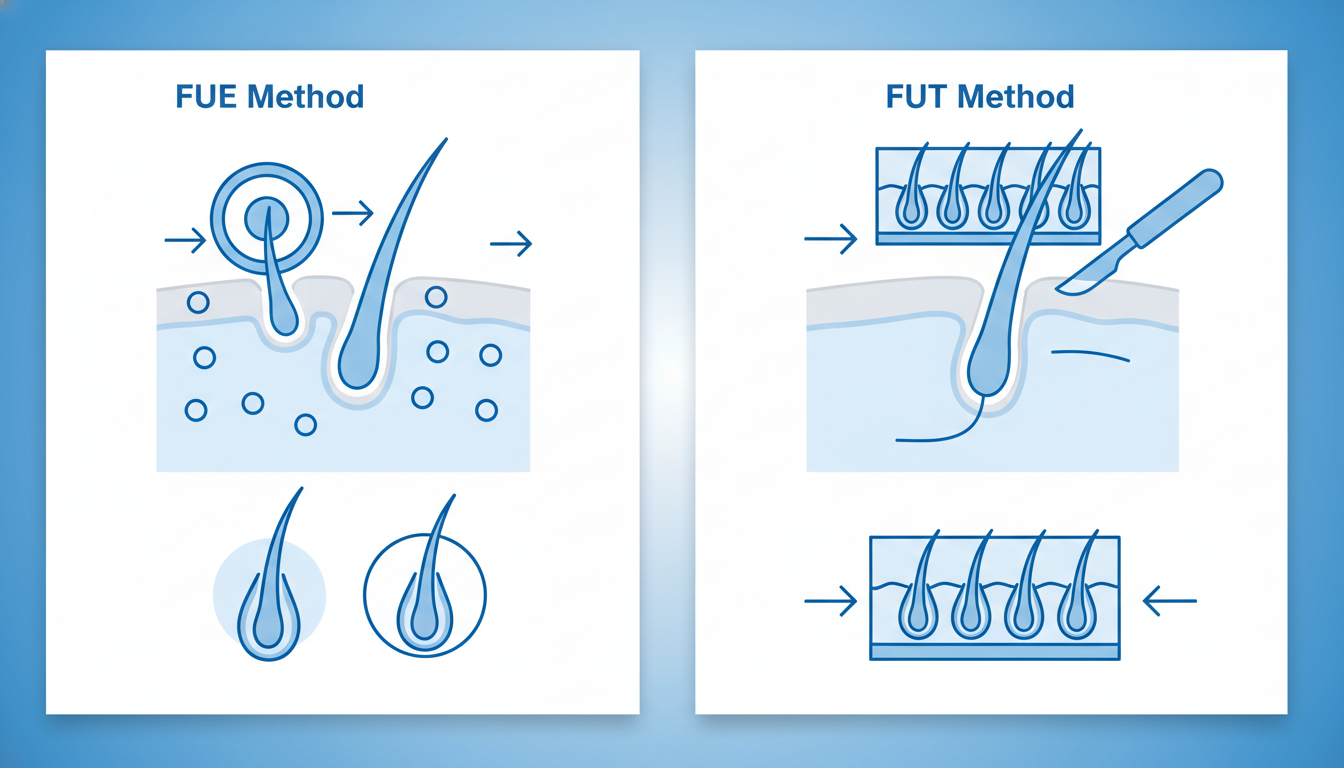 自毛植毛の代表的な手法（専用器具で毛包を1つずつ採取する方法と、帯状に切り取る方法）の違いを比較する医療系インフォグラフィック。頭皮と毛根の断面図をシンプルかつ専門的に描き分け、清潔感のあるブルーとホ