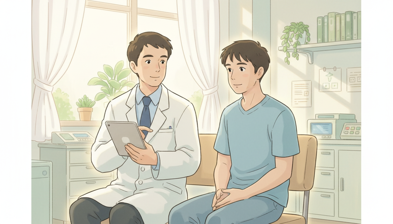 清潔感のある明るい診察室で、白衣を着た優しそうな医師がタブレット画面を指差しながら男性患者に丁寧にカウンセリングをしている様子。患者は安心した表情で説明を聞いており、二人の間に信頼関係が感じられる温か