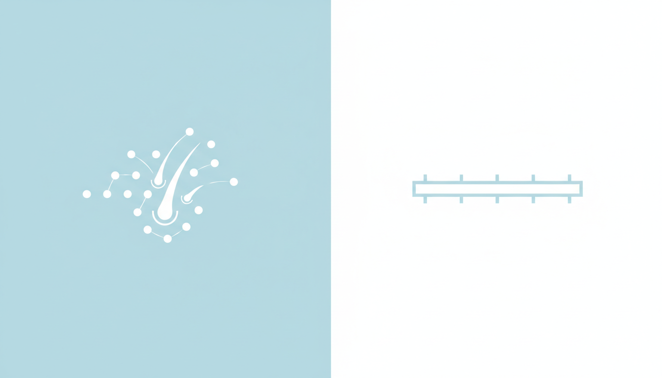 自毛植毛の代表的な2つの術式を比較する、シンプルで分かりやすいベクターイラスト。画面を左右に分け、左側にはメスを用いた方法を示す抽象的なアイコン（直線を引くイメージ）、右側には専用機器で毛包を採取する