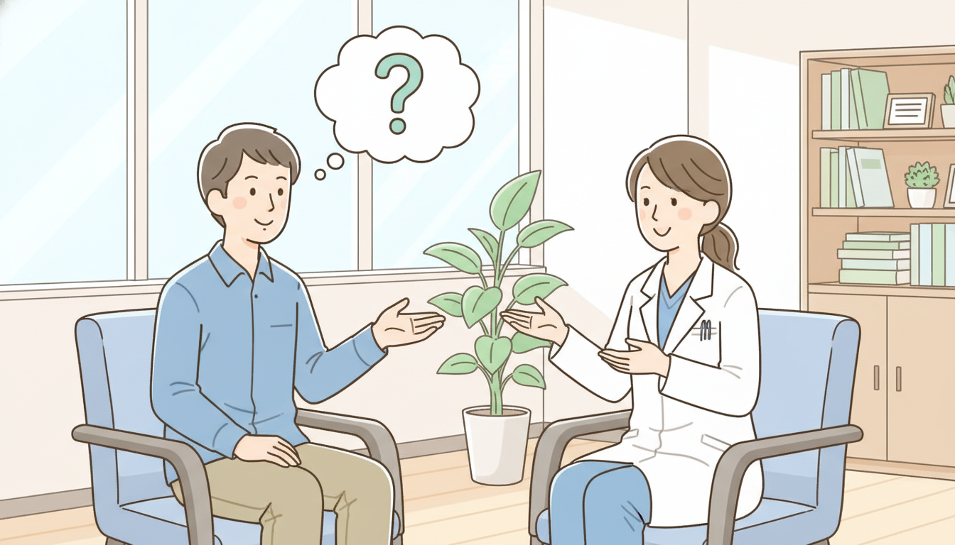 明るく清潔感のあるカウンセリングルームで、男性患者が白衣を着た医師に質問している様子を描いた対話シーンのイラスト。男性患者の頭の横にはクエスチョンマークの吹き出しが浮かんでおり、医師が笑顔で優しく身振