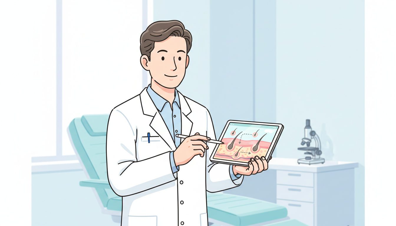 白衣を着た優しそうな男性医師が、タブレット端末を使って頭皮の構造と毛根の移植の仕組みを図解でわかりやすく説明しているイラスト。タブレットの画面には毛穴と毛根のシンプルなアイコンが表示されている。清潔感