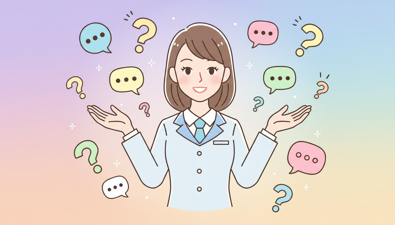 清潔感のある制服を着た女性カウンセラーが、笑顔で優しく手のひらを上に向けて案内しているイラスト。周囲にはカラフルな「？」マークや吹き出しのアイコンがポップに浮かんでおり、患者の疑問や不安に丁寧に答える