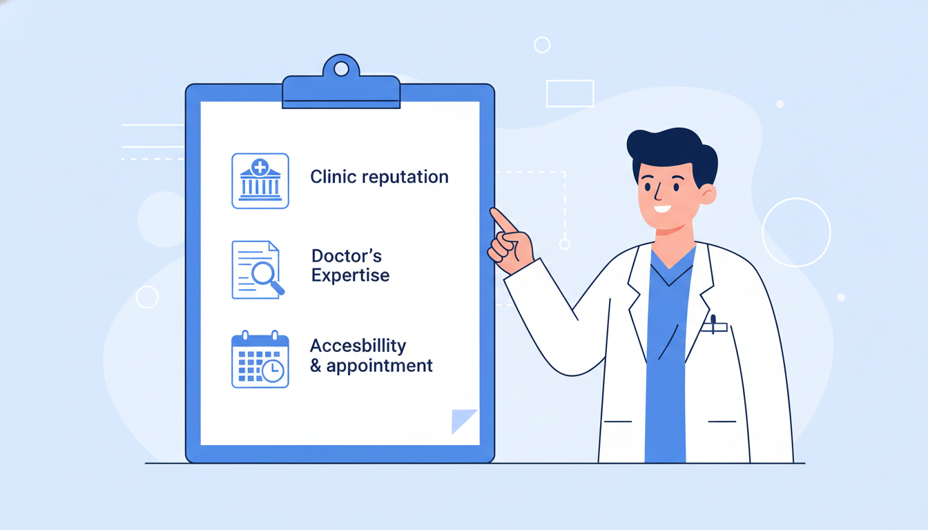 クリニック選びの重要なポイントを視覚的に伝える図解風のイラスト。3つのチェックボックスが描かれた大きなクリップボードと、それを指差して笑顔で説明する白衣を着た医療専門家の姿が描かれている。全体的に白と