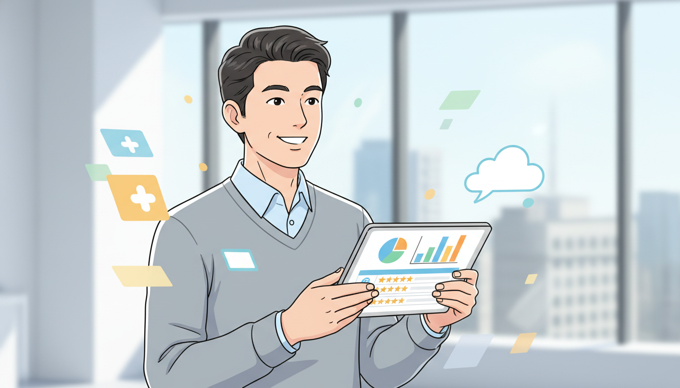 複数のクリニックのデータを比較検討しているイメージのイラスト。タブレット端末の画面に表示されたグラフや星評価の比較表を見ながら、男性が納得した表情でうなずいている。明るくポジティブな雰囲気で、読者の理