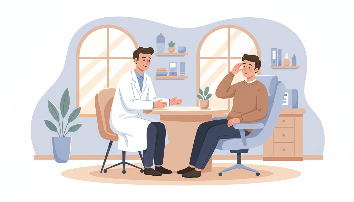 清潔感のあるカウンセリングルームで、白衣を着た医師に患者の男性がリラックスして薄毛の悩みを相談している様子を描いたイラスト。医師は親身になって話を聞き、男性は安心した表情を浮かべている。実在の施設には