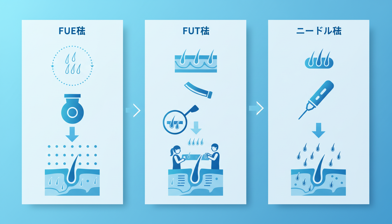 FUE法、FUT法、ニードル法という3つの異なる自毛植毛の術式を比較する、シンプルで分かりやすいインフォグラフィックイラスト。毛根の採取方法や移植のアプローチの違いが、抽象的なアイコンと矢印のフローで