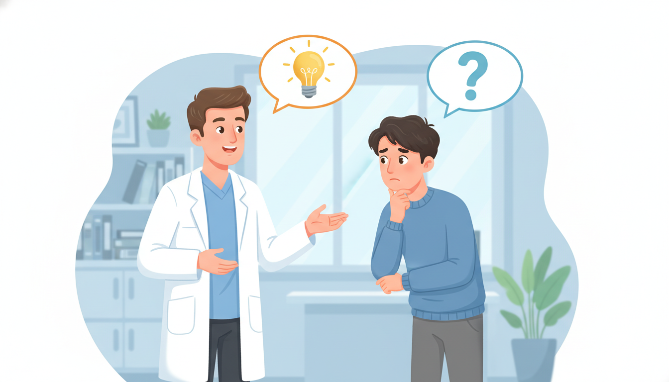 清潔感のある白衣を着た医師のキャラクターと、質問をしている男性のキャラクターが対話しているイラスト。頭上にクエスチョンマークと、疑問が解決したことを示すひらめきの電球マークの吹き出しが浮かんでいる。読