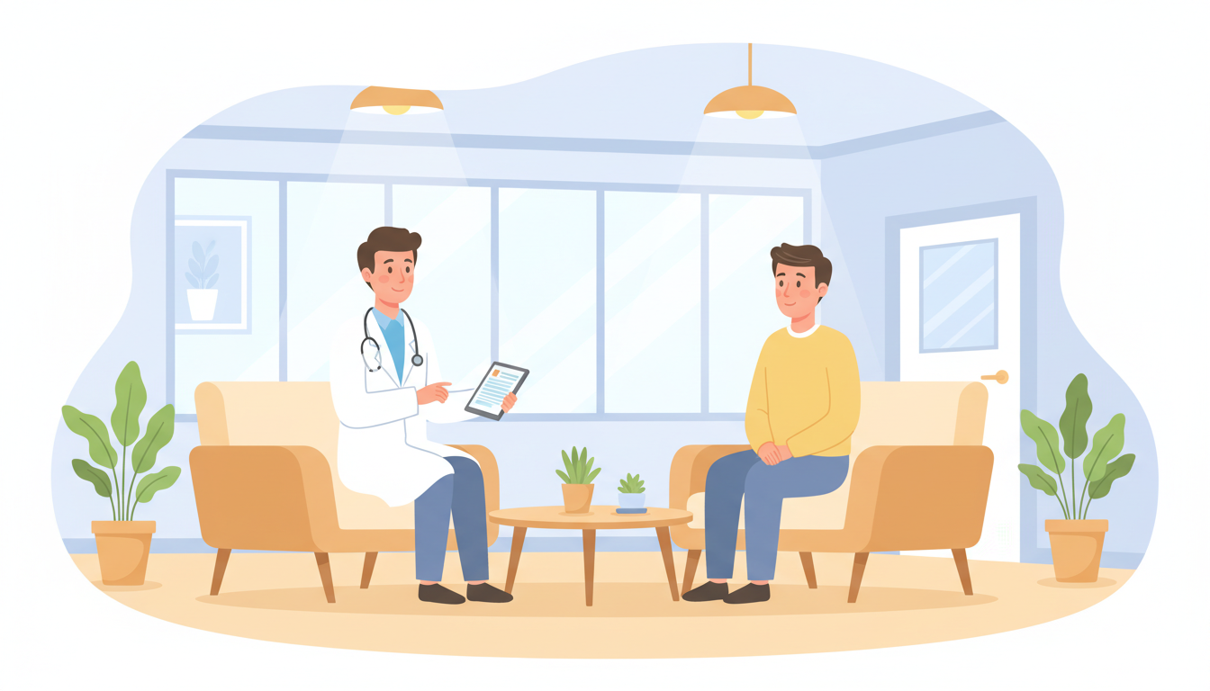 清潔感のある明るいクリニックのカウンセリングルームで、白衣を着た優しい表情の医師が、患者（30〜40代の男性）に対してタブレット端末の資料を見せながら丁寧に説明している様子のイラスト。患者は安心した表