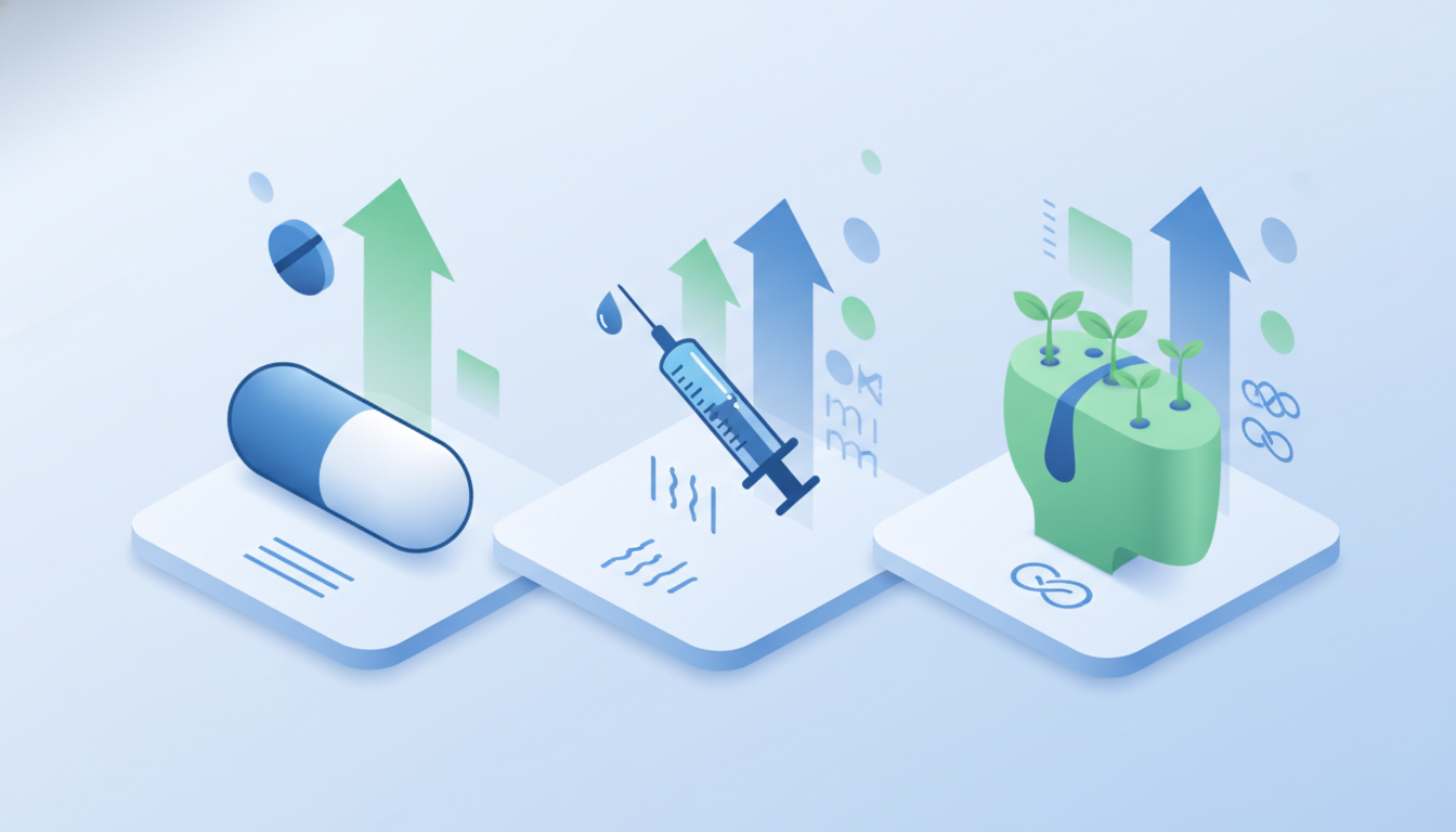 「内服薬」「注入治療」「自毛植毛」の3つの治療法のアプローチの違いを視覚的にわかりやすく表現したアイソメトリック（等角投影法）の概念イラスト。左側に薬の錠剤のアイコン、中央に注射器のアイコン、右側に頭