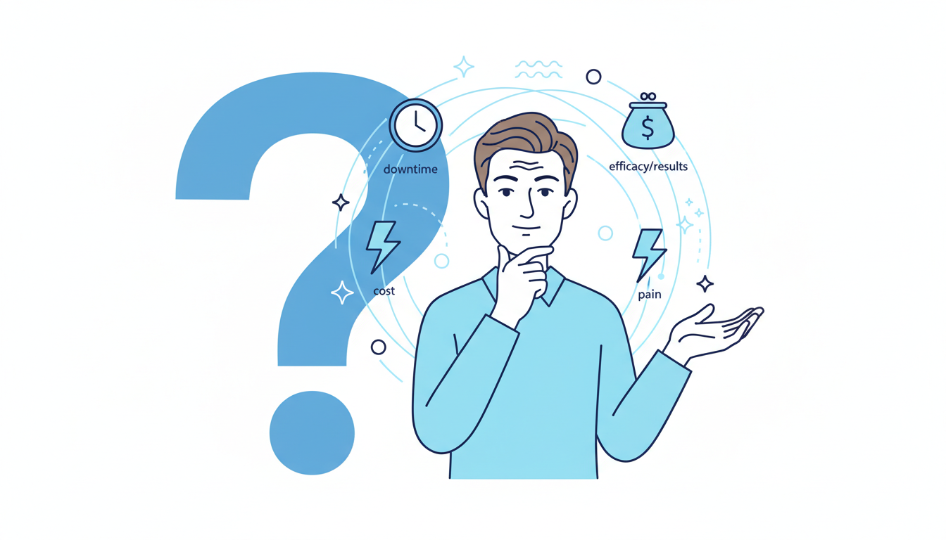 大きな「？」マークの横で、治療への疑問について考えている男性のイラスト。周囲には「痛み」「ダウンタイム」「費用」などを連想させる小さなアイコン（時計、お財布、キラキラしたマークなど）が浮かんでおり、頭
