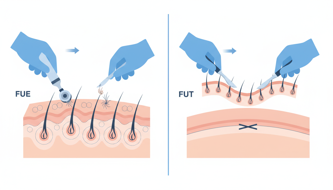 FUE法とFUT法の違いを視覚的に説明する医療系のわかりやすいイラスト。左側に専用の丸いパンチで毛根を一つずつ採取するイメージ（FUE法）、右側に頭皮の一部を帯状に切り取るイメージ（FUT法）を対比さ