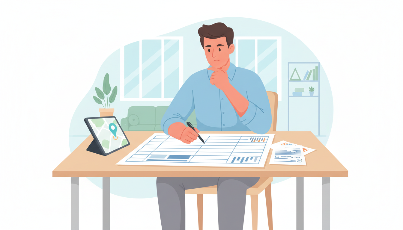 複数のクリニックのデータや料金が書かれた比較表を、真剣な表情で見比べている男性のイラスト。机の上にはタブレット端末と書類が広げられており、どれを選ぶか検討している様子。背景は明るく清潔感のあるリビング