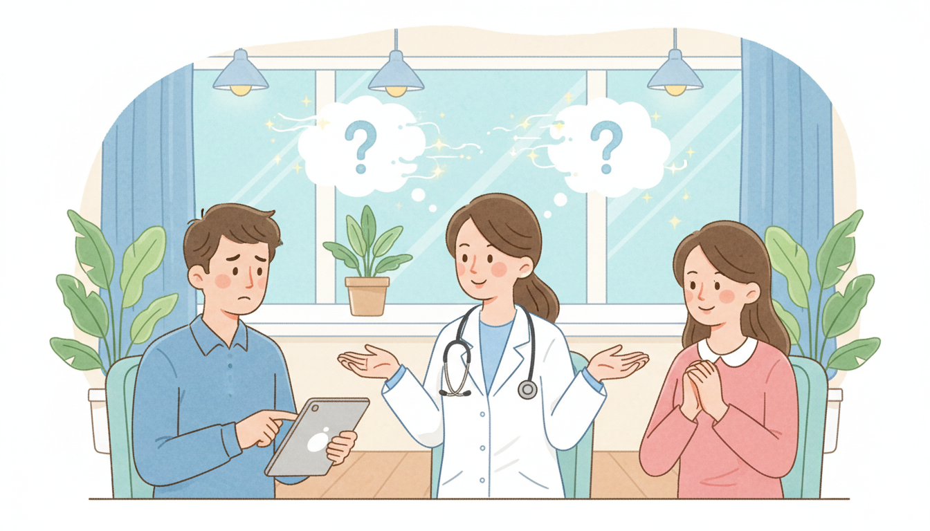 男女の患者が医師に質問をしている様子のイラスト。白衣を着た優しそうな医師が笑顔で疑問に答えている。頭上にはクエスチョンマークの吹き出しが浮かんでおり、不安や疑問が解消されている様子を表現。医療機関の明